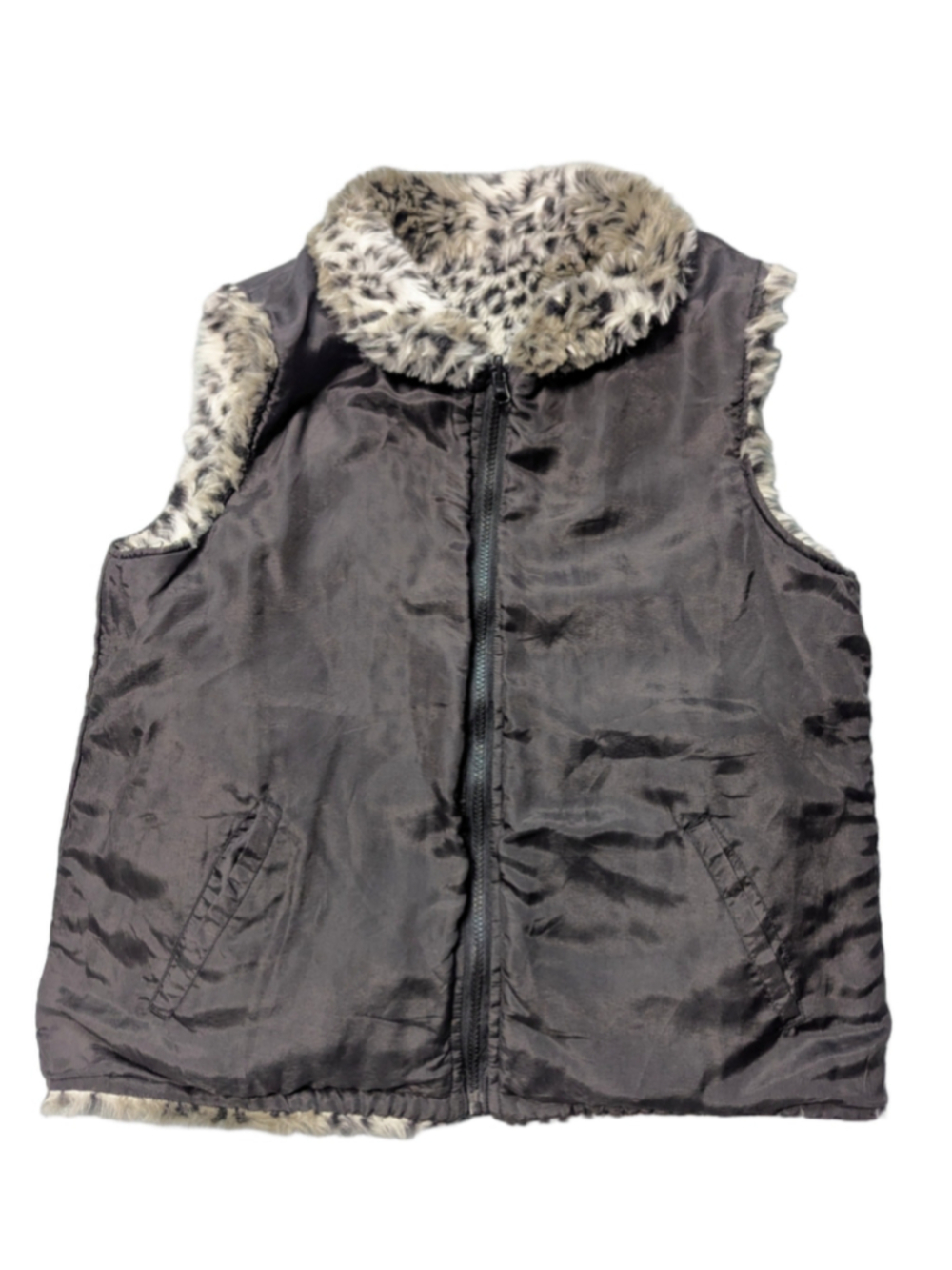 Vintage Reversible Faux Fur Leopard Print Full Zip Vest Sz L - Picture 4 of 10
